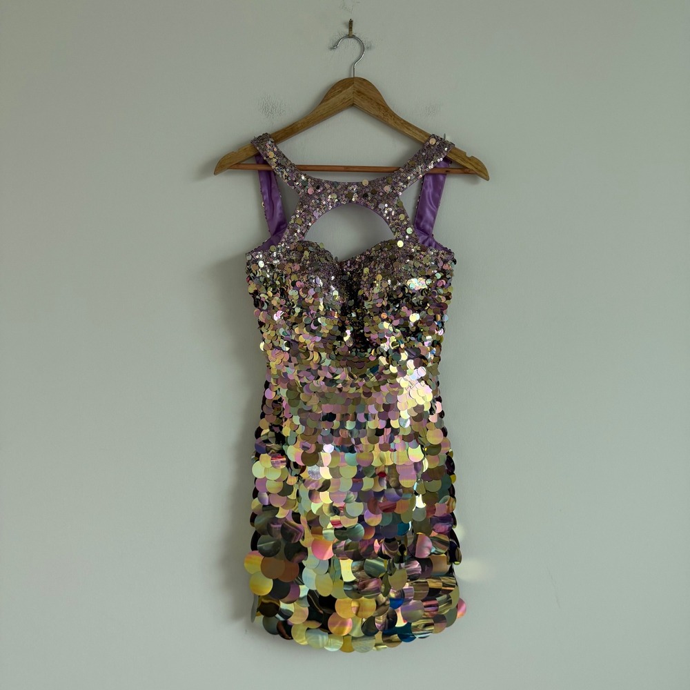 Vintage Y2K Sherri Hill‎ Sequin High-Neck Mini Dress